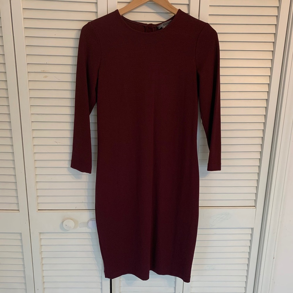 VINCE Women Shift Sheath Dress‎ Stretch Burgundy M 3/4 Sleeve Minimalist Office